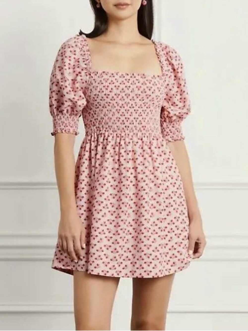 Hill House Pink Floral Smocked Mini Dress with Puff Sleeves